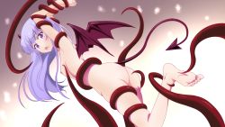 Rule 34 | 1girl, ass, barefoot, blush, breasts, demon girl, demon horns, demon tail, demon wings, fang, feet, gradient background, hair down, highres, horns, new game!, nipples, nude, open mouth, purple eyes, purple hair, small breasts, soles, solo, suzukaze aoba, tail, takefumi, tentacles, toes, wings