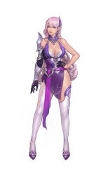 Rule 34 | 1girl, absurdres, black gloves, blue eyes, breasts, cl (chearin), cleavage, concept art, dress, earrings, full body, gem, gloves, hand on own hip, highres, jewelry, large breasts, long hair, looking at viewer, original, pink hair, purple dress, purple gemstone, shoulder guard, simple background, socks, solo, standing, thighhighs, white background, white socks