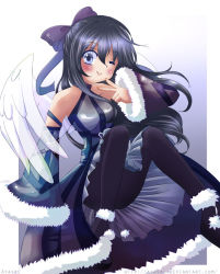 Rule 34 | 1girl, angel, black eyes, black pantyhose, bow, disolia, female focus, french text, frills, gradient background, hair bow, hair ribbon, halterneck, long hair, original, pantyhose, purple background, purple hair, ribbon, skirt, solo, watermark, web address, wings, winter