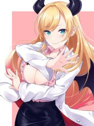 Rule 34 | 1girl, blonde hair, breasts, cleavage, closed mouth, collared shirt, commentary, demon horns, demon tail, english commentary, frilled shirt, frills, gradient hair, green eyes, high-waist skirt, highres, hololive, horns, lab coat, large breasts, long hair, long sleeves, looking at viewer, multicolored hair, open clothes, open shirt, pink shirt, pointy ears, red hair, rena sakuma, shirt, skirt, solo, tail, very long hair, virtual youtuber, yuzuki choco, yuzuki choco (1st costume)