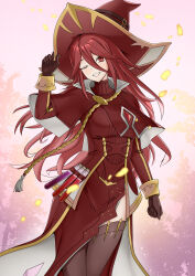 Rule 34 | 1girl, absurdres, alternate costume, breasts, commentary, cordelia (fire emblem), dress, english commentary, fire emblem, fire emblem awakening, gloves, grin, hair between eyes, hair ornament, hand on headwear, hat, head wings, highres, long hair, long sleeves, looking at viewer, mari48240422, medium breasts, nintendo, one eye closed, red dress, red eyes, red gloves, red hair, red hat, side slit, smile, solo, wings, witch, witch hat