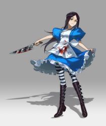 Rule 34 | 1girl, alice liddell (american mcgee&#039;s alice), american mcgee&#039;s alice, apron, black hair, blood, boots, breasts, closed mouth, commentary, dated, dress, full body, green eyes, jewelry, knife, lingtan, long hair, looking at viewer, medium breasts, necklace, pantyhose, simple background, solo, striped clothes, striped pantyhose, twitter username, weapon
