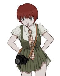 Rule 34 | 1girl, angry, camera, collared shirt, cowboy shot, danganronpa (series), danganronpa 2: goodbye despair, dress, freckles, green dress, grey background, grey shirt, hands on own hips, highres, koizumi mahiru, looking at viewer, necktie, open mouth, plaid necktie, pleated dress, red hair, red necktie, sema (vivaviva 02), shirt, short hair, short sleeves, simple background, smile, solo, teeth, upper teeth only, white necktie