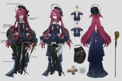 Rule 34 | 1girl, absurdres, bare shoulders, black choker, black dress, black footwear, black headwear, black pantyhose, blood, blood bag, brown gloves, cane, character sheet, choker, dress, feather boa, flat chest, freng, full body, gloves, halo, hat, high heels, highres, holding, holding cane, long hair, looking at viewer, multiple views, original, panties, panties under pantyhose, pantyhose, red eyes, red hair, skull, standing, strapless, strapless dress, thighband pantyhose, torn clothes, torn legwear, underwear, very long hair