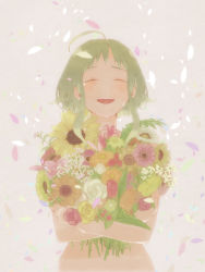 Rule 34 | 1girl, ahoge, akka, bad id, bad pixiv id, bouquet, closed eyes, flower, green hair, gumi, holding, nude, open mouth, petals, poppy (flower), red flower, red rose, rose, short hair, smile, solo, sunflower, tulip, vocaloid, white flower, white rose, yellow flower, yellow rose