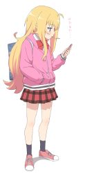 Rule 34 | 1girl, ahoge, backpack, bad id, bad twitter id, bag, blonde hair, bow, bowtie, cellphone, commentary request, female focus, full body, gabriel dropout, gabriel tenma white, hand in pocket, highres, holding, holding phone, jacket, legs, long hair, phone, pink footwear, pink jacket, plaid, plaid skirt, purple eyes, red bow, red bowtie, school uniform, shoes, simple background, sincos, skirt, socks, solo, standing, translation request, white background