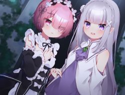 Rule 34 | 2girls, bare shoulders, blue hair, blunt bangs, blurry, blurry background, bow, bowtie, braid, child, detached sleeves, dress, emilia (re:zero), eringikinono, flower, frilled sleeves, frills, hair bow, hair flower, hair ornament, hairband, highres, holding hands, jewelry, long hair, long sleeves, looking at viewer, multicolored clothes, multicolored dress, multiple girls, off shoulder, one eye covered, open mouth, parted lips, purple eyes, ram (re:zero), re:zero kara hajimeru isekai seikatsu, red eyes, red hair, roswaal mansion maid uniform, short hair, sidelocks, smile, standing, teeth, tongue, upper body, upper teeth only, wide sleeves, x hair ornament