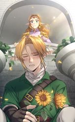 Rule 34 | 1boy, 1girl, absurdres, blonde hair, blue eyes, closed eyes, closed mouth, earrings, flower, gloves, green tunic, highres, hwion zelda, jewelry, link, long hair, nintendo, pointy ears, princess zelda, sad, shirt, the legend of zelda, the legend of zelda: ocarina of time, triforce earrings, white shirt