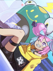 Rule 34 | 1girl, aqua hair, bellibolt, character hair ornament, colored skin, creatures (company), game freak, green skin, hair ornament, heart, highres, inana umi, iono (pokemon), jacket, multicolored hair, nintendo, oversized clothes, pink eyes, pink hair, pokemon, pokemon (creature), pokemon sv, sharp teeth, sitting, smile, star-shaped pupils, star (symbol), symbol-shaped pupils, teeth, two-tone hair, yellow jacket