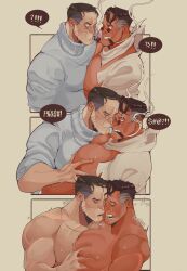 ! !! 2boys ?!!! anger_vein bandana bandana_around_neck bara black_hair blue_eyes blush censored cigar cigar_in_mouth closed_eyes cursing drooling facial_scar from_side glasses groping hand_on_another&#039;s_chest hand_up hazylulu highres implied_sex jacket jewelry large_pectorals long_sleeves male_focus medic_(tf2) moaning multiple_boys multiple_views muscular muscular_male necklace nipples open_clothes open_jacket open_mouth parted_lips pectoral_cleavage pectoral_grab pectoral_press pectorals scar scar_across_eye scar_on_cheek scar_on_face selfcest shirt short_hair smile smoke smoking smoking_pipe speech_bubble sweat sweater team_fortress_2 teeth turtleneck turtleneck_sweater upper_body white_bandana white_jacket white_shirt yaoi