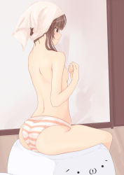 Rule 34 | 1girl, amagami, breasts, brown hair, highres, indoors, kamizaki risa, panties, satsuki (kagayaku onn nano moto), sitting, solo, striped clothes, striped panties, topless, towel, towel on head, underwear