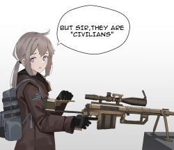 Rule 34 | absurdres, backpack, bag, bipod, blue eyes, bolt action, brown jacket, cheytac m200, english text, gar32, girls&#039; frontline, gloves, grey hair, gun, highres, holding, holding weapon, jacket, low ponytail, m200 (girls&#039; frontline), purple eyes, rifle, scope, simple background, sniper rifle, scope, upper body, weapon