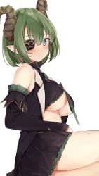 Rule 34 | 1girl, nanashi inc., bad id, bad twitter id, black skirt, blue eyes, blush, breasts, cleavage, closed mouth, demon girl, demon horns, detached sleeves, eyepatch, green hair, highres, honey strap, horns, large breasts, long sleeves, looking at viewer, pointy ears, rippootai, sekishiro mico, short hair, simple background, sitting, skirt, solo, thick thighs, thighs, underboob, virtual youtuber, white background