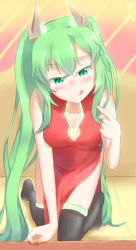 Rule 34 | 1girl, all fours, bare shoulders, blush, china dress, chinese clothes, collarbone, crota, dated, destiny (game), dress, green eyes, green hair, kuroda kuwa, kuroda mulberry, matching hair/eyes, solo, thighhighs, tongue, tongue out, twintails