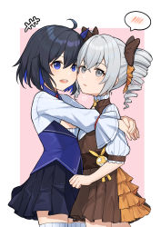 Rule 34 | :d, absurdres, ahoge, black hair, blue eyes, bow, bronya zaychik, commentary request, cookieee, drill hair, frown, grey eyes, grey hair, hair bow, hair ribbon, highres, homu (honkai impact), honkai (series), honkai impact 3rd, hug, long hair, long sleeves, looking at viewer, looking to the side, multicolored hair, open mouth, parted lips, ribbon, seele vollerei, short hair, short sleeves, sidelocks, simple background, smile, twin drills, twintails, two-tone hair