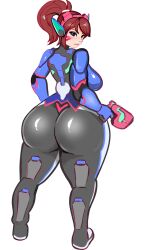 Rule 34 | 1girl, ass, blush, breasts, brown eyes, brown hair, d.va (overwatch), desgardes, full body, highres, huge ass, large breasts, long hair, looking at viewer, looking back, overwatch, overwatch 2, plump, ponytail, self-upload, solo, standing, thick thighs, thighs, wide hips