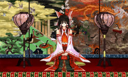 Rule 34 | 1girl, bare shoulders, bird, black eyes, black hair, bow, cherry blossoms, cloud, demon, detached sleeves, female focus, fine art parody, hair bow, hakurei reimu, hat, japanese clothes, jewelry, lantern, looking at viewer, miko, monster, necklace, nihonga, oni, own hands together, parody, seiza, sitting, skull, skull necklace, smile, solo, sword, tassel, tate eboshi, touhou, tree, tsurui, v arms, weapon, wide sleeves