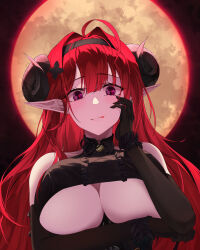 Rule 34 | 1girl, absurdres, ahoge, arm under breasts, azur lane, black horns, breast hold, breasts, center cross lace, center frills, cleavage, clothing cutout, curled horns, elbow gloves, frills, full moon, gloves, hair intakes, hand on own cheek, hand on own face, hand up, highres, hindenburg (azur lane), horns, large breasts, long hair, looking at viewer, moon, pink pupils, pointy ears, red hair, seydlitz art, smile, underboob cutout, upper body