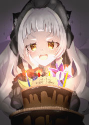 Rule 34 | 1girl, alternate costume, animal ears, bare shoulders, birthday cake, black ribbon, blunt bangs, cake, candle, cantaloupe, cat ears, chocolate cake, cloud, dark, food, fruit, gothic lolita, grey hair, hair intakes, hand on own cheek, hand on own face, happy birthday, highres, hololive, lolita fashion, long hair, murasaki shion, murasaki shion (gothic lolita), nap creator, purple background, ribbon, solo, very long hair, virtual youtuber, yellow eyes