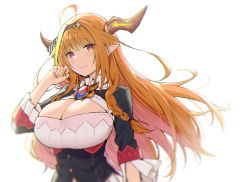 Rule 34 | 1girl, ahoge, backlighting, blunt bangs, bow, braid, breasts, cleavage cutout, clothing cutout, commentary, diagonal-striped bow, dragon horns, fang, fang out, hairband, highres, hololive, horn bow, horn ornament, horns, huge breasts, kiryu coco, kiryu coco (1st costume), long hair, looking at viewer, nail polish, orange hair, orange nails, pointy ears, red eyes, side braid, simple background, skin fang, sky-freedom, smile, solo, virtual youtuber, white background