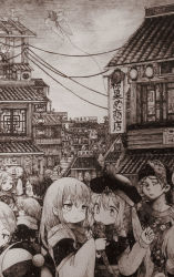 Rule 34 | 6+boys, 6+girls, absurdres, blush, closed mouth, eating, greyscale, hat, highres, long hair, long sleeves, looking at another, monochrome, multiple boys, multiple girls, original, outdoors, scenery, sign, translation request, twintails, usio ueda