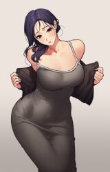 Rule 34 | 1girl, black hair, breasts, collarbone, dress, impossible clothes, impossible dress, k52, large breasts, long dress, long hair, original, solo, strap slip, taut clothes, taut dress