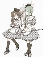 Rule 34 | 2girls, apron, brown eyes, brown hair, chinese commentary, commentary request, dress, green eyes, green hair, hat, highres, long hair, malvo, mary janes, multiple girls, nishida satono, partially colored, puffy short sleeves, puffy sleeves, screentones, shoes, short hair with long locks, short sleeves, socks, teireida mai, touhou, waist apron