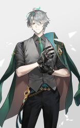 Rule 34 | 1boy, ahoge, alhaitham (genshin impact), black gloves, black pants, blue ribbon, buttons, cape, closed mouth, collared shirt, commentary, cowboy shot, dress shirt, expressionless, genshin impact, glove pull, gloves, gold trim, green cape, green eyes, green hair, green necktie, grey background, grey hair, grey shirt, grey vest, hair over one eye, hand up, highres, ichigawa (lethe), looking at viewer, male focus, multicolored hair, necktie, pants, parted bangs, ribbon, shirt, short hair, sidelocks, simple background, sleeves rolled up, solo, split mouth, standing, swept bangs, symbol-only commentary, vest, wing collar