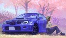 Rule 34 | 1girl, baseball cap, blue footwear, blue pants, brown hair, car, cherry blossoms, commentary request, grass, green hat, green jacket, hat, highres, jacket, license plate, long hair, momo hiki, motor vehicle, original, outdoors, pants, personification, shoes, short sleeves, sitting, sneakers, solo, sports car, subaru (brand), subaru impreza, tree, vehicle focus