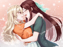 Rule 34 | 2girls, :d, ^ ^, arms around neck, blonde hair, blush, bow, breast pocket, breasts, brown hair, chibinekopan, closed eyes, commentary request, facing another, fingernails, from side, gradient background, green bow, green shirt, grey background, hair between eyes, hair bow, half updo, hands up, high-waist skirt, highres, hug, light particles, long hair, looking at another, medium breasts, multiple girls, mutual hug, open clothes, open mouth, open shirt, orange shirt, parted bangs, parted lips, pearl hair ornament, pleated skirt, pocket, profile, red background, red eyes, saijou claudine, shirt, shirt tucked in, short sleeves, shoujo kageki revue starlight, sidelocks, skirt, smile, sparkle, standing, tendou maya, upper body, very long hair, wavy hair, white skirt, wide sleeves, yuri