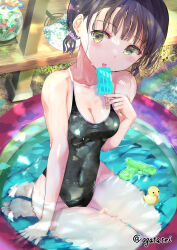 Rule 34 | 1girl, absurdres, black hair, black one-piece swimsuit, breasts, cleavage, commentary request, fishbowl, food, green eyes, hand fan, highres, licking, looking at viewer, medium breasts, ogata tei, one-piece swimsuit, original, paper fan, popsicle, rubber duck, short hair, solo, swimsuit, twitter username, uchiwa, wading pool, water, water gun
