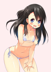 Rule 34 | 1girl, asa no ha (awayuki), bikini, black hair, blush, breasts, brown eyes, covered erect nipples, highres, leaning forward, long hair, looking at viewer, micro bikini, open mouth, small breasts, smile, solo, standing, swimsuit, thick thighs, thighs, wide hips