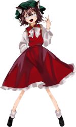 Rule 34 | 1girl, animal ears, black footwear, bow, brown hair, cat ears, chen, dress, earrings, frilled skirt, frills, green hat, hand up, hat, highres, jewelry, long sleeves, looking to the side, mob cap, nail polish, perfect cherry blossom, portrait, red dress, red nails, red skirt, rrssrr, short hair, simple background, single earring, skirt, solo, touhou, white background, white bow, white legwear