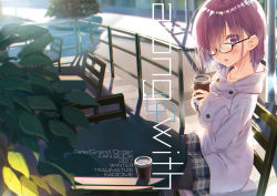 Rule 34 | 1girl, 2017, :d, black-framed eyewear, black pantyhose, black skirt, blurry, blurry background, blush, breasts, chair, coat, collarbone, commentary request, copyright name, cup, day, depth of field, disposable cup, fate/grand order, fate (series), glasses, grey coat, hair over one eye, head tilt, highres, holding, holding cup, kagome (traumatize), large breasts, long sleeves, mash kyrielight, mash kyrielight (fgo x lawson), official alternate costume, open mouth, outdoors, pantyhose, plaid, plaid skirt, pleated skirt, purple eyes, purple hair, railing, sitting, skirt, sleeves past wrists, smile, solo, steam, table, teeth, tree, upper teeth only
