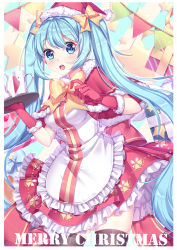 Rule 34 | 1girl, black thighhighs, blue eyes, blue hair, blush, bow, breasts, christmas, elbow gloves, gloves, hair bow, hat, hatsune miku, holding, holding tray, kan (rainconan), large breasts, long hair, looking at viewer, merry christmas, open mouth, red gloves, red hat, ribbon, santa costume, santa hat, short sleeves, teeth, thighhighs, tray, very long hair, vocaloid, yellow bow, yellow ribbon