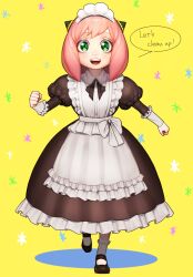 Rule 34 | 1girl, alternate costume, anya (spy x family), apron, black dress, blush, dress, emo37337640, english text, frilled apron, frills, green eyes, hairpods, highres, looking at viewer, maid, maid apron, maid headdress, open mouth, pink hair, puffy sleeves, ribbon, short hair, smile, solo, speech bubble, spy x family, teeth, upper teeth only, white apron, wrist cuffs, yellow background