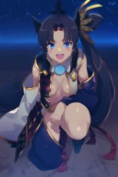 Rule 34 | 1girl, armor, asymmetrical sleeves, bare shoulders, black hair, black hat, blue eyes, blush, breasts, detached sleeves, echo (circa), fate/grand order, fate (series), feather hair ornament, feathers, hair bun, hair ornament, hat, japanese armor, kneeling, kusazuri, looking at viewer, medium breasts, mismatched sleeves, night, night sky, on one knee, open mouth, parted bangs, pom pom (clothes), revealing clothes, rope, side bun, side ponytail, sidelocks, single hair bun, single side bun, sky, smile, solo, ushiwakamaru (fate), wide sleeves