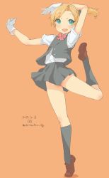 Rule 34 | 1girl, black skirt, blonde hair, blouse, blue eyes, dated, full body, gloves, highres, kantai collection, loafers, looking at viewer, maikaze (kancolle), open mouth, orange background, parted bangs, pleated skirt, ponytail, red background, red ribbon, ribbon, school uniform, scrunchie, shirt, shoes, short hair, simple background, skirt, solo, standing, standing on one leg, twitter username, uni tenten, vest, white gloves, white shirt