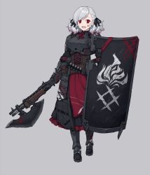 Rule 34 | 12-gauge, 12-gauge (2 3/4 inch shell), 1girl, absurdres, ammunition, armor, blood, blood on face, combat shotgun, crazy eyes, darkest dungeon, dual-mode shotgun, full body, girls&#039; frontline, grey background, grey hair, gun, high brass, highres, looking at viewer, name connection, official alternate costume, overpressure ammunition, plate armor, pump-action shotgun, pump action, red eyes, semi-automatic firearm, semi-automatic shotgun, shield, shotgun, shotgun shell, solo, spas-12, spas-12 (girls&#039; frontline), spas-12 (goblin huntress) (girls&#039; frontline), terras, twintails, weapon