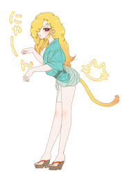 Rule 34 | 1boy, androgynous, bare legs, blonde hair, body blush, cat tail, drill hair, eyelashes, feet, flat color, full body, hair over one eye, hari (artist), high heels, long hair, looking at viewer, male focus, maraich juschenfe, open mouth, patalliro!, paw pose, pink eyes, sandals, simple background, solo, tail, toes, wavy hair, white background