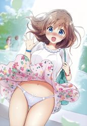 Rule 34 | 1girl, absurdres, akina tsukako, bag, blue eyes, blue sky, blush, bow, bow panties, breasts, casual, collarbone, cowboy shot, cropped, day, floating hair, floral print, fountain, gluteal fold, hair between eyes, hand up, highres, jewelry, legs together, light brown hair, medium breasts, melonbooks, miniskirt, navel, necklace, non-web source, original, outdoors, panties, pantyshot, pearl necklace, pink skirt, purple panties, ribbed shirt, scan, shirt, short hair, short sleeves, shoulder bag, skirt, sky, solo, spread fingers, standing, stomach, striped clothes, striped panties, surprised, sweatdrop, thigh gap, underwear, upskirt, watch, water, white bow, white panties, wind, wind lift, wristwatch