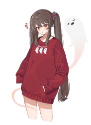 Rule 34 | 1girl, blush, boo tao (genshin impact), brown hair, commentary request, deitaku, flower, flower-shaped pupils, genshin impact, hair flower, hair ornament, highres, hu tao (genshin impact), long hair, looking at viewer, plum blossoms, red eyes, sidelocks, simple background, sweater, symbol-shaped pupils, thighs, tongue, tongue out, twintails, white background