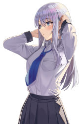 Rule 34 | 1girl, absurdres, blue necktie, blush, collared shirt, commentary request, from side, grey hair, grey skirt, hayaku koko, highres, long hair, long sleeves, necktie, original, parted lips, pocket, school uniform, shirt, simple background, skirt, solo, upper body, white background, white shirt