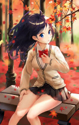 Rule 34 | 1girl, absurdres, autumn, autumn leaves, bare legs, bench, black hair, black skirt, blouse, blue eyes, blush, bow, bowtie, breasts, cardigan, commentary request, day, feet out of frame, gridman universe, highres, kian, long hair, long sleeves, looking at viewer, medium breasts, miniskirt, outdoors, pleated skirt, red bow, red bowtie, school uniform, shirt, sitting, skirt, solo, spring (season), ssss.gridman, takarada rikka, tree, white shirt