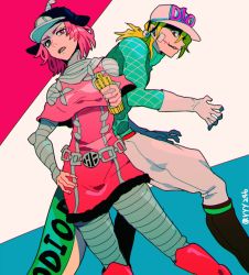 Rule 34 | 1boy, 1girl, blonde hair, cream starter (stand), diego brando, glasgow smile, gloves, hat, hot pants (sbr), jojo no kimyou na bouken, pantyhose, pink eyes, pink hair, scary monsters (stand), simple background, stand (jojo), steel ball run, tail, yyy246