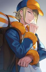 Rule 34 | 1boy, backpack, bag, belt, blonde hair, blue hat, blue jumpsuit, blurry, brown bag, brown belt, closed mouth, commentary request, creatures (company), fur trim, game freak, ginkgo guild uniform, grey eyes, hair bun, hair over one eye, hand up, hat, highres, janis (hainegom), jumpsuit, long sleeves, looking at viewer, male focus, multicolored clothes, multicolored hat, nintendo, orange hat, pokemon, pokemon legends: arceus, short hair, single hair bun, smile, solo, twitter username, volo (pokemon)