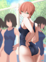 Rule 34 | 4girls, adjusting clothes, adjusting swimsuit, ass, back cutout, black hair, breasts, c@rbon, clothing cutout, come hither, competition school swimsuit, day, faceless, faceless female, green eyes, looking back, multiple girls, orange hair, original, outdoors, school swimsuit, short hair, small breasts, smile, solo focus, swimsuit