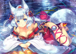 Rule 34 | 10s, 1girl, animal ears, barefoot, blue eyes, blush, breasts, capura lin, cleavage, detached sleeves, erune, hand fan, female focus, folding fan, granblue fantasy, hair ribbon, large breasts, long hair, looking at viewer, lying, md5 mismatch, on side, ponytail, ribbon, silver hair, societte (granblue fantasy), solo, tail, very long hair, water, wolf ears, wolf tail