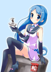 Rule 34 | 10s, 1girl, aqua background, bad id, bad pixiv id, bare shoulders, black gloves, black neckerchief, black thighhighs, blue background, blue eyes, bolt, drum (container), elbow gloves, gears, gloves, kantai collection, long hair, looking at viewer, minidraco, neckerchief, panties, pantyshot, sailor collar, samidare (kancolle), school uniform, serafuku, shirt, simple background, sitting, skirt, sleeveless, sleeveless shirt, smile, solo, thighhighs, underwear, white background, white skirt
