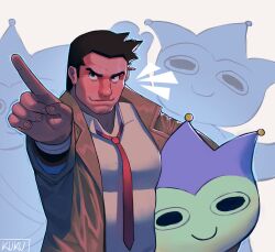 Rule 34 | 1boy, absurdres, ace attorney, bara, black hair, blue badger, brown coat, closed mouth, coat, collared shirt, dick gumshoe, facial hair, fingernails, foreshortening, goatee stubble, highres, holding, kukustar (kukuu), looking ahead, male focus, mascot costume, mature male, necktie, pectorals, pencil behind ear, pointing, red necktie, shirt, short hair, smile, stubble, thick eyebrows, white shirt